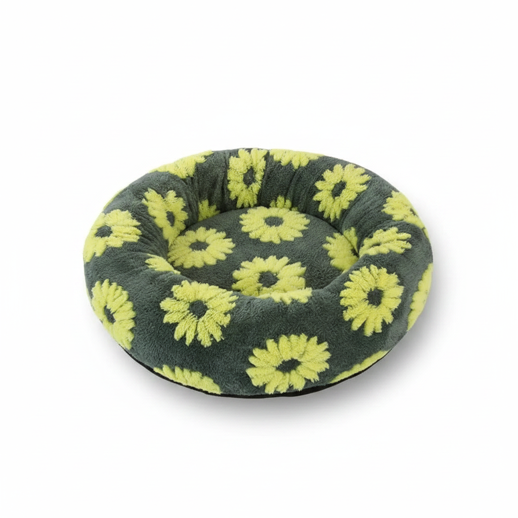Cama calmante anti ansiedade para pet em pelúcia redonda formato donut em fundo branco