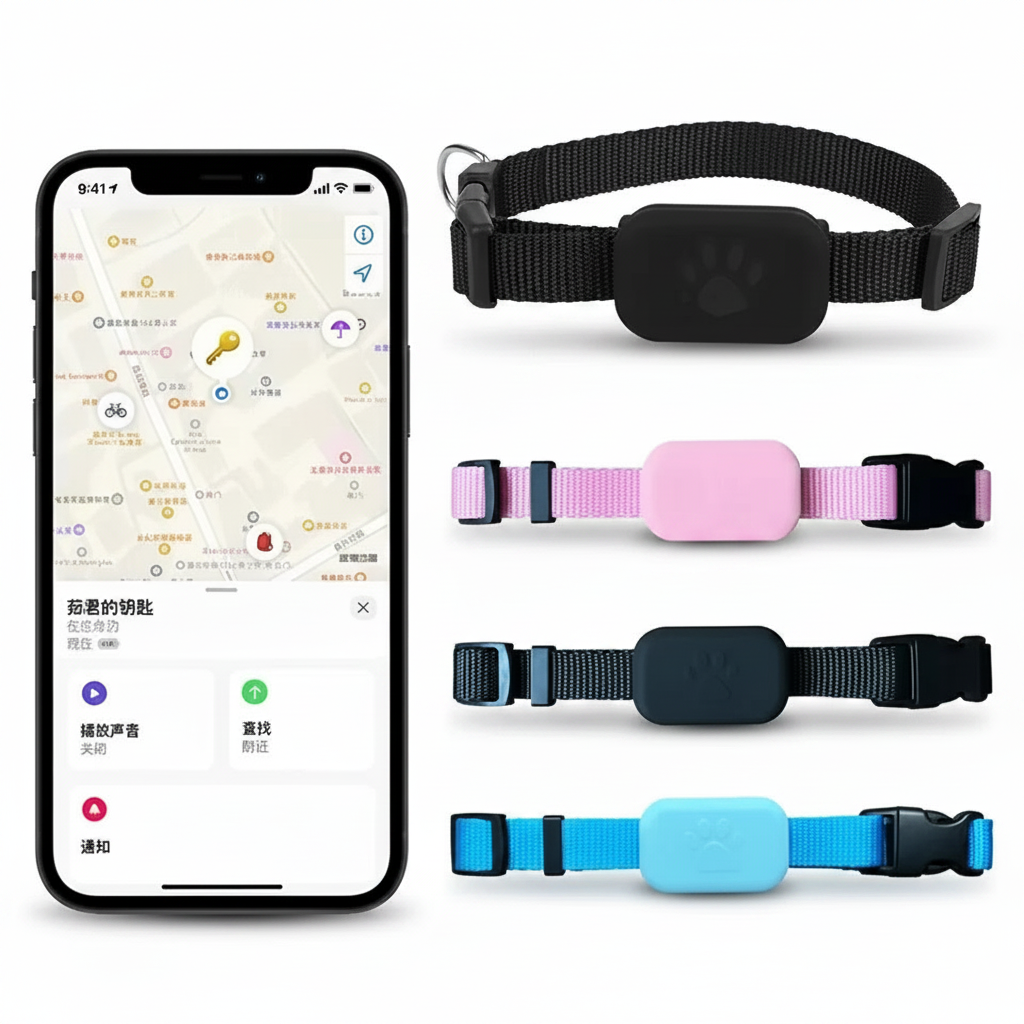 Rastreador GPS para cães e gatos à prova d'água com coleira ajustável em fundo branco