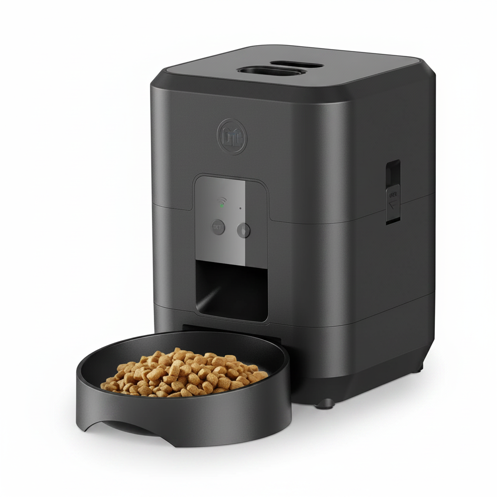 Comedouro automático para pets com timer programável e dispenser inteligente em fundo branco