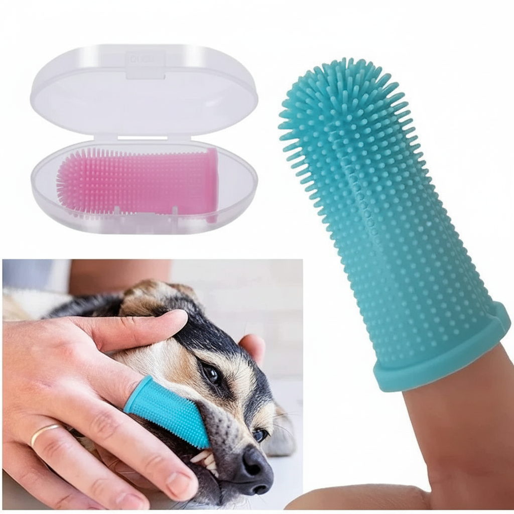 Escova de dedo para cães e gatos em silicone macio para limpeza dental em fundo branco