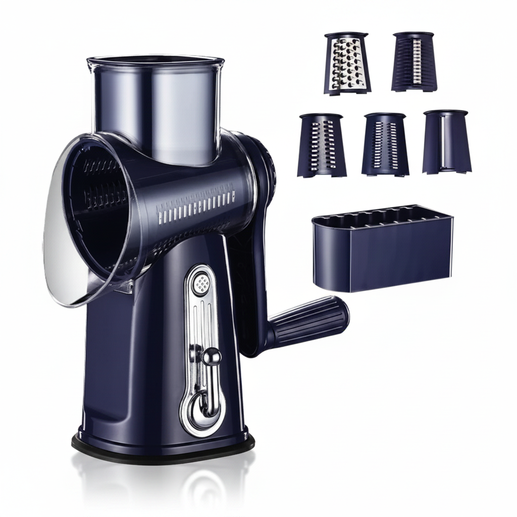 Cortador e fatiador manual de legumes com 5 lâminas rotativas em fundo branco