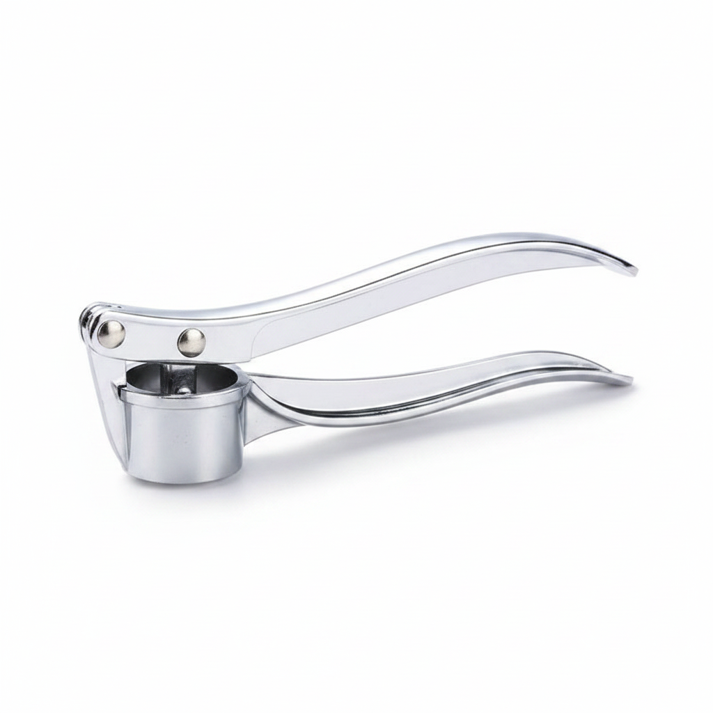 Espremedor de alho manual em aço inox com alça ergonômica em fundo branco