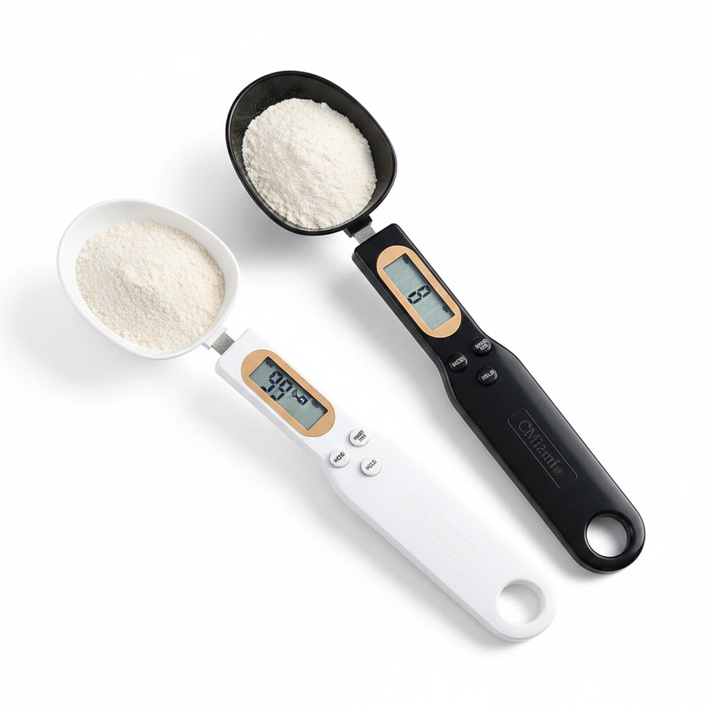 Colher medidora digital com display LCD 500g precisão 0,1g em fundo branco