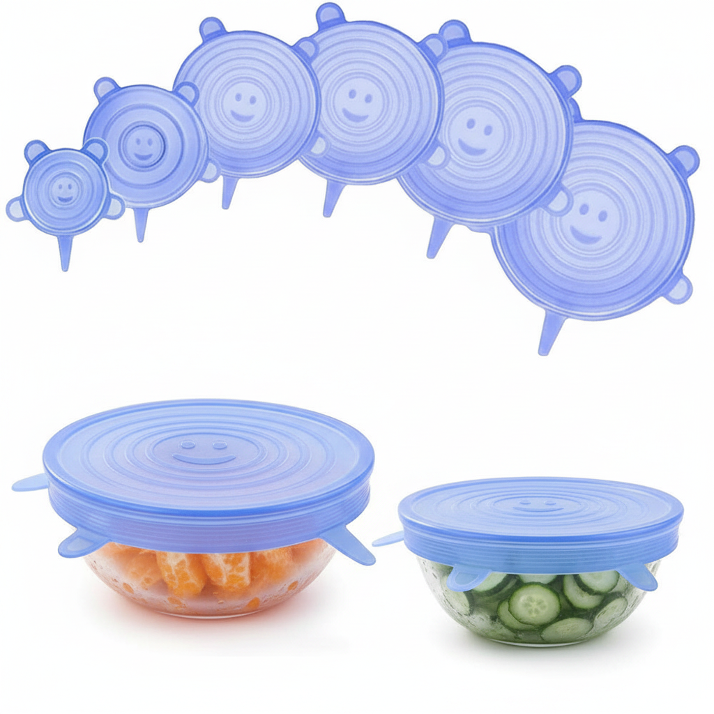 Tampas de silicone reutilizáveis kit 6 peças elásticas para potes em fundo branco