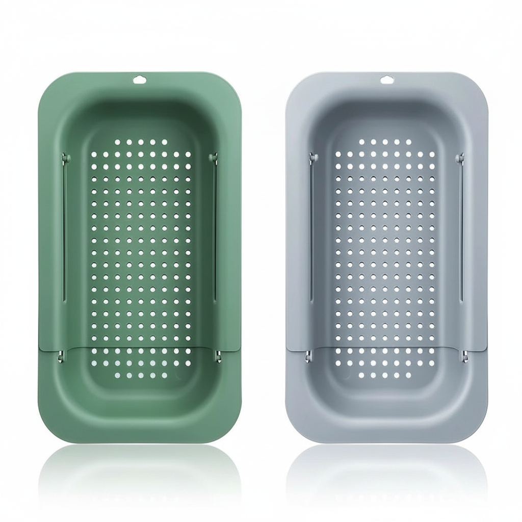 Escorredor retrátil para pia expansível em silicone e aço inox em fundo branco