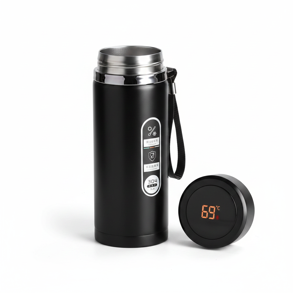Garrafa térmica inox com display LED de temperatura em fundo branco