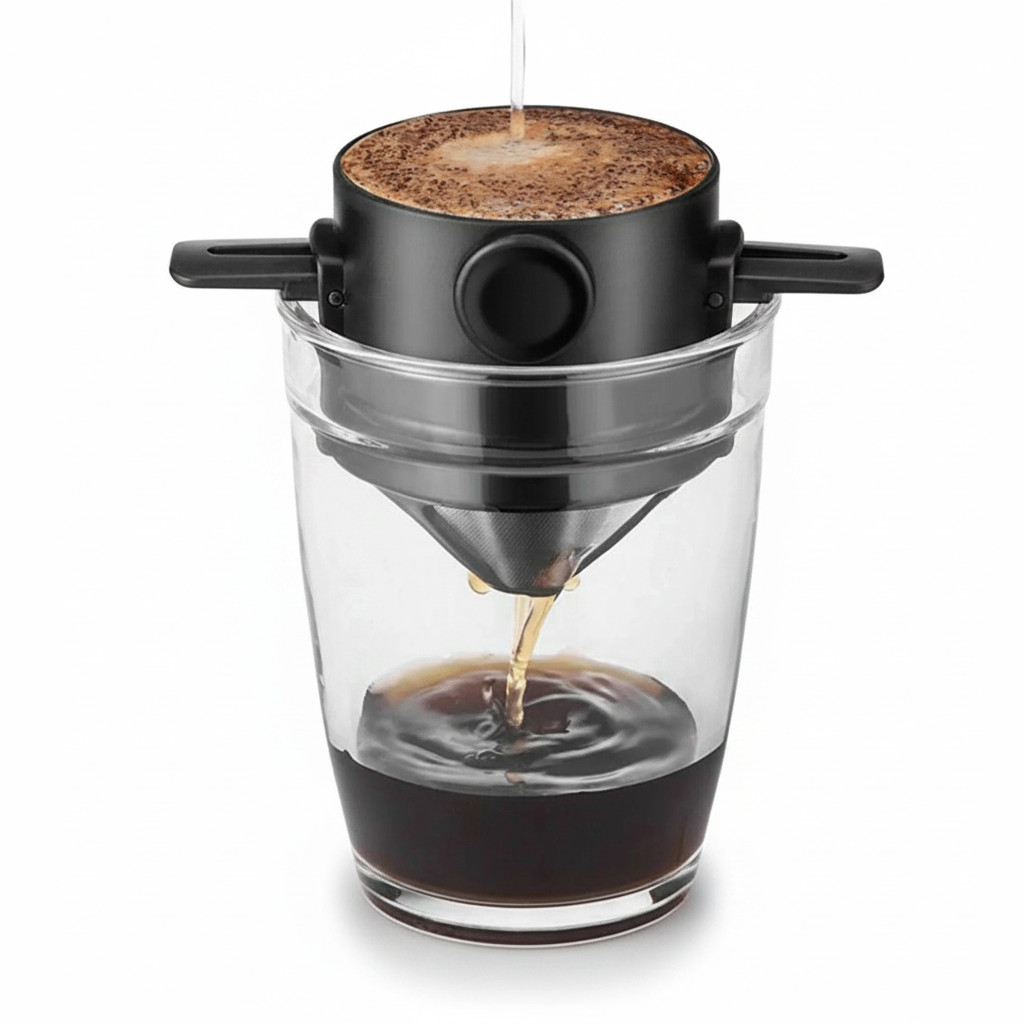Cafeteira coador portátil inox com caneca térmica em fundo branco