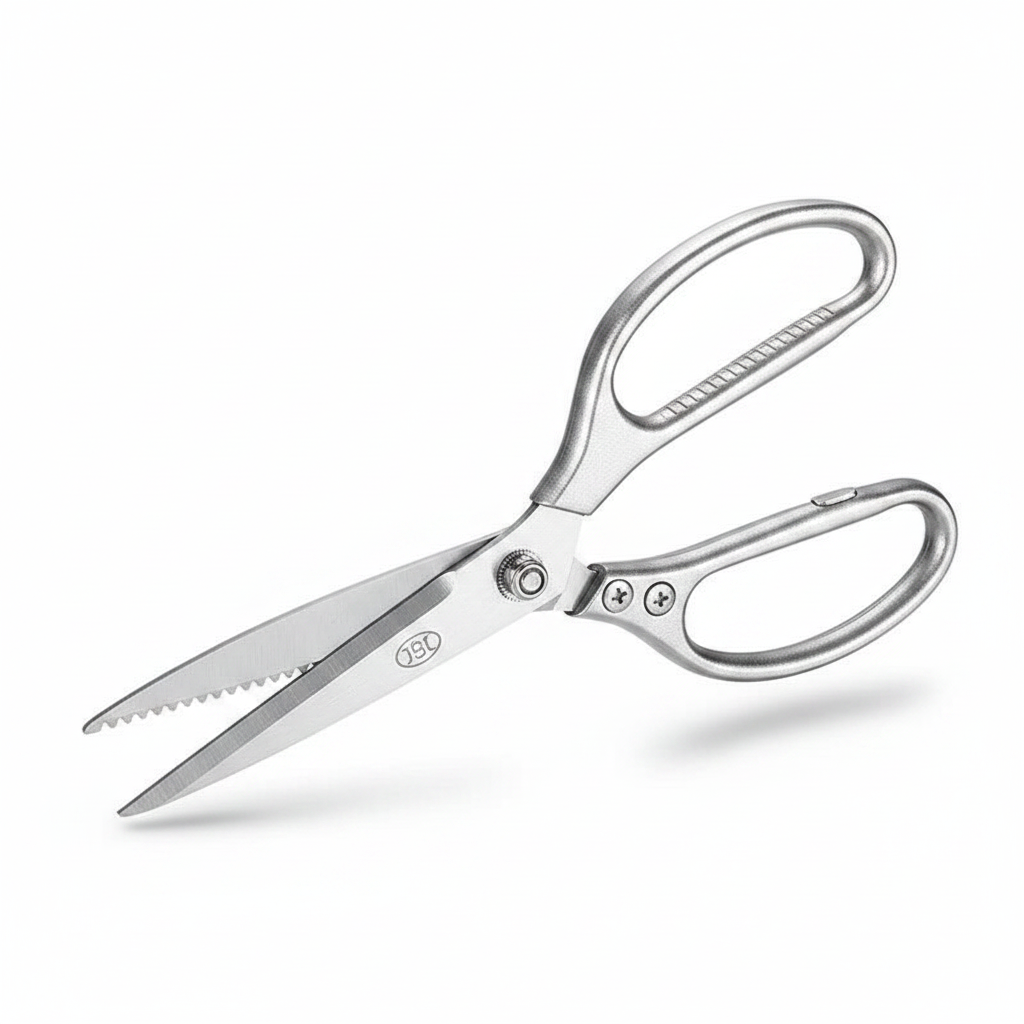 Tesoura multifuncional de cozinha em aço inox SK5 com cabo de alumínio em fundo branco