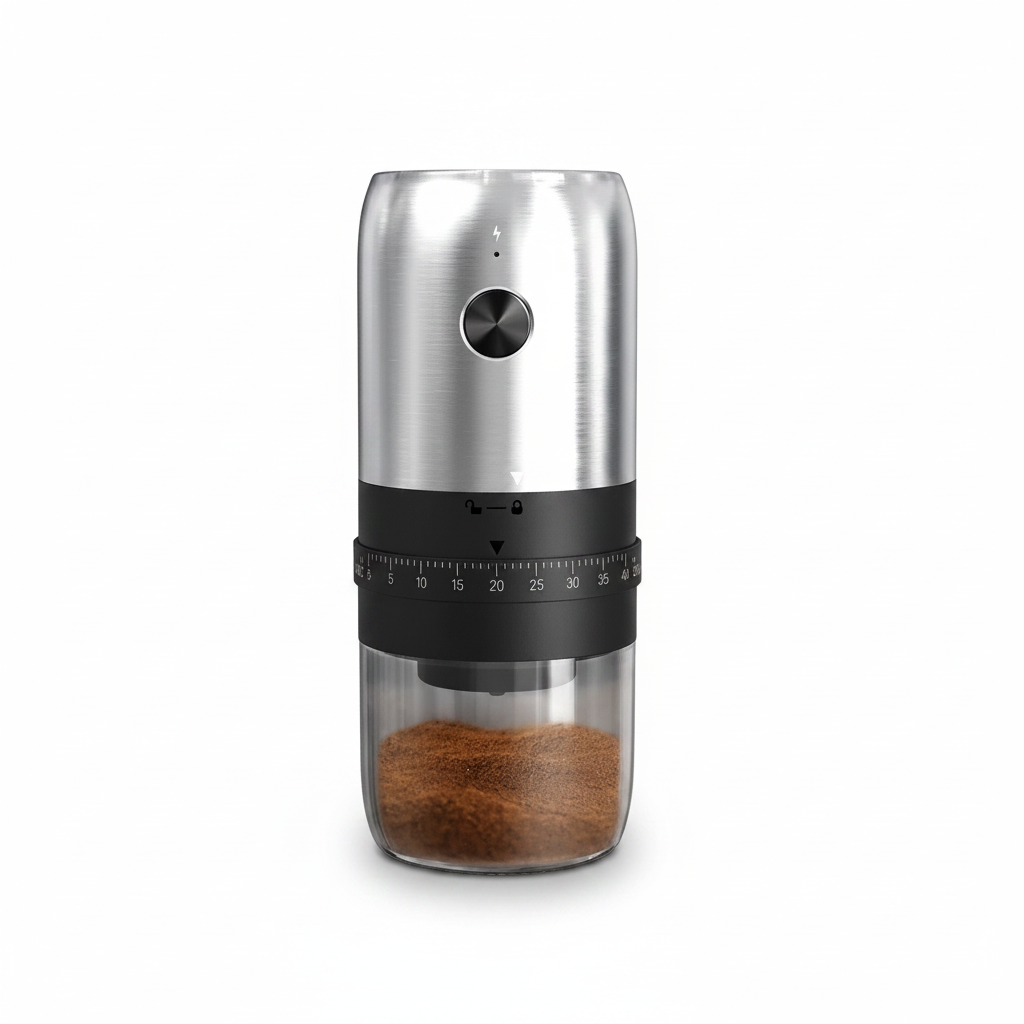 Moedor de café elétrico portátil USB com ajuste de moagem em fundo branco