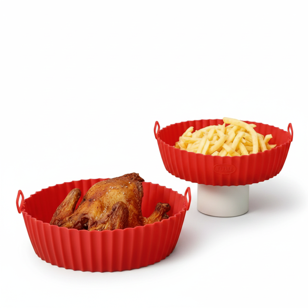 Forma de silicone para air fryer reutilizável antiaderente em fundo branco