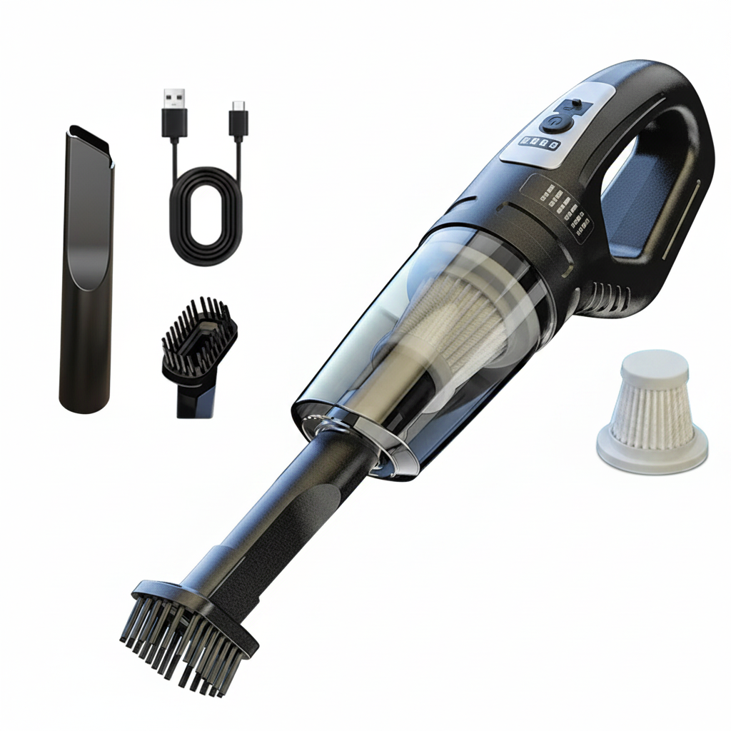 Aspirador automotivo portátil USB 120W sem fio em fundo branco