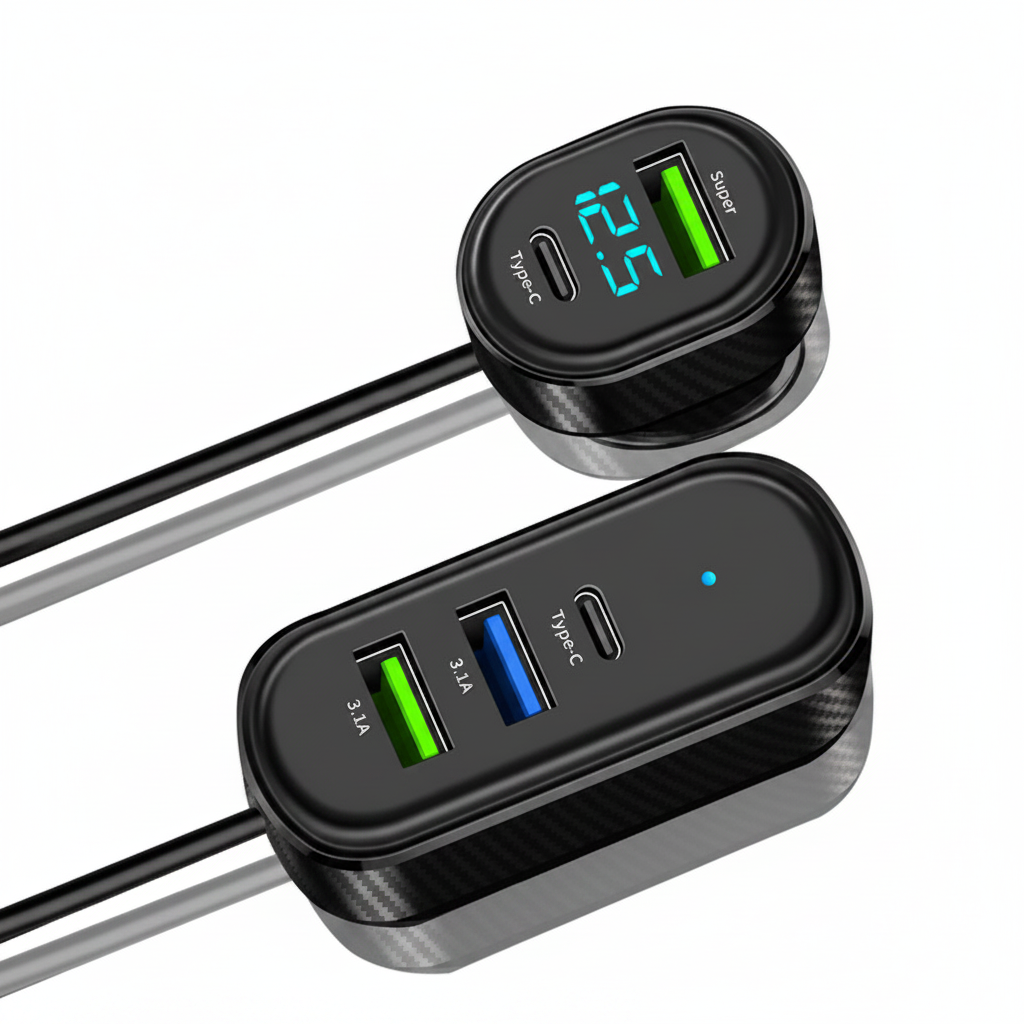 Carregador veicular 66W super rápido USB tipo C 5 em 1 em fundo branco