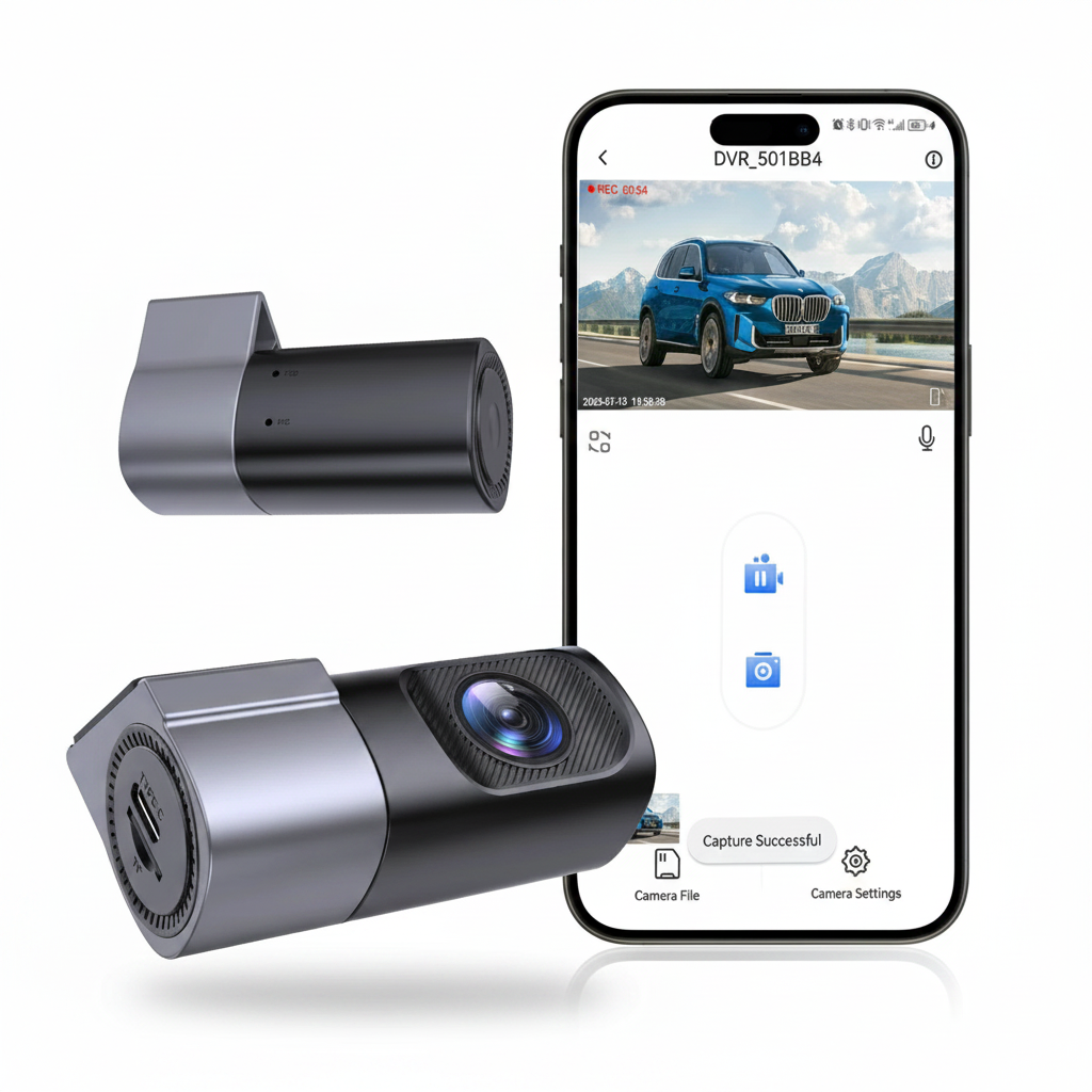 Câmera dashcam veicular 1080p com wifi visão noturna em fundo branco