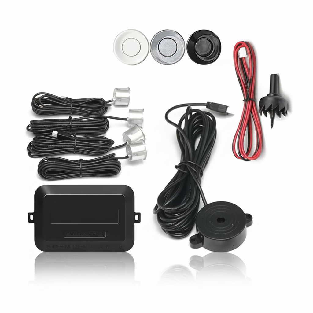 Kit sensor de estacionamento com 4 sensores e alarme sonoro em fundo branco