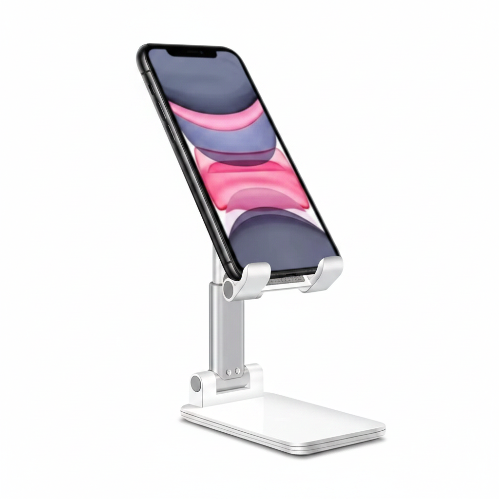 Suporte de celular para mesa ajustável universal com base antiderrapante em fundo branco