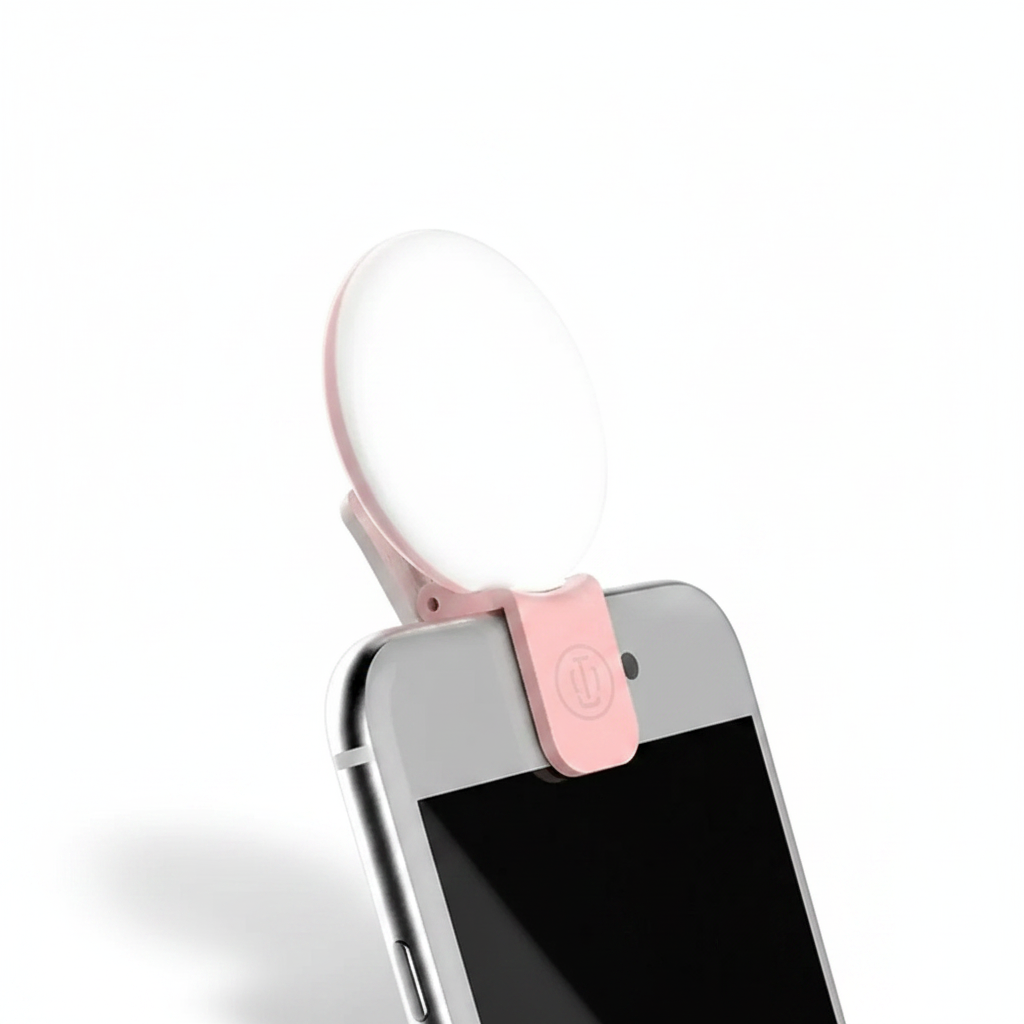 Ring light para celular clip com 3 níveis de luz em fundo branco