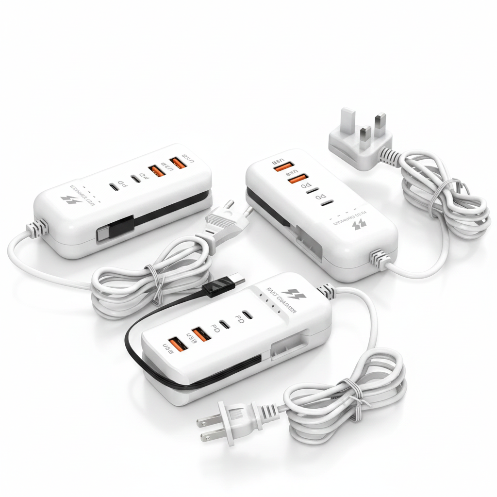 Carregador de parede USB-C 4 portas rápido em fundo branco