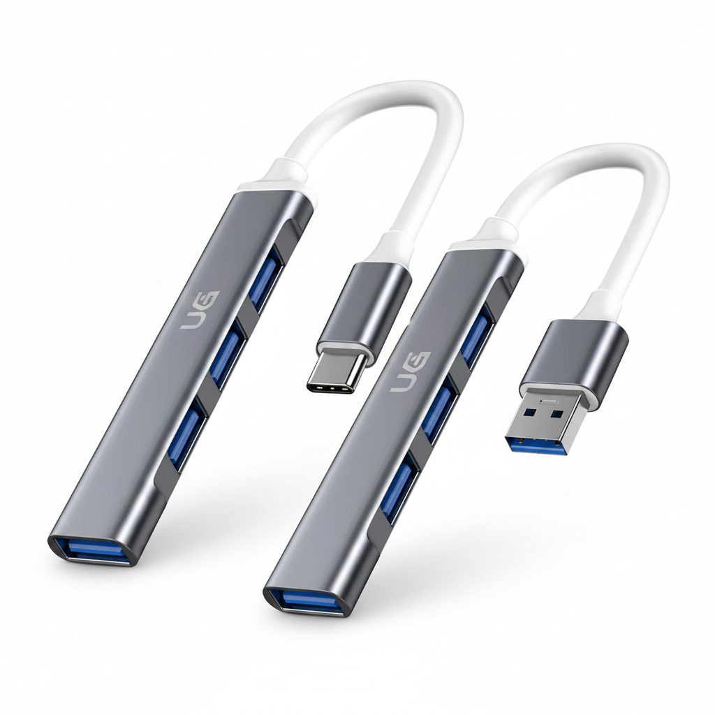 Hub USB-C adaptador 4 portas USB 3.0 em fundo branco