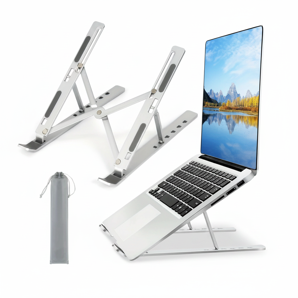 Suporte para notebook ajustável em alumínio dobrável em fundo branco
