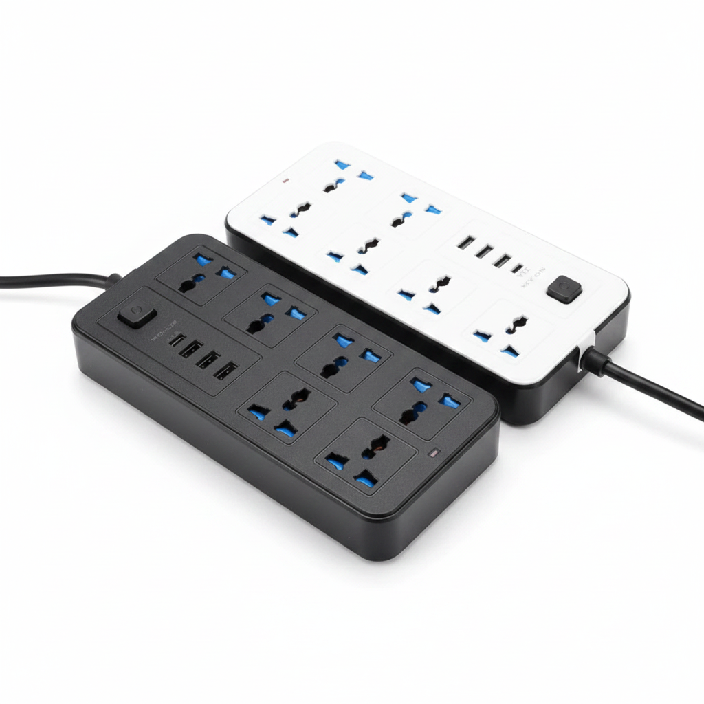 Extensão elétrica régua universal múltiplos plugues bivolt em fundo branco