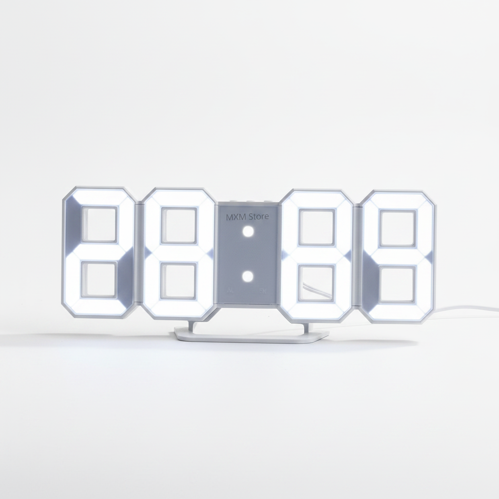Relógio digital LED 3D de parede com modo noite em fundo branco