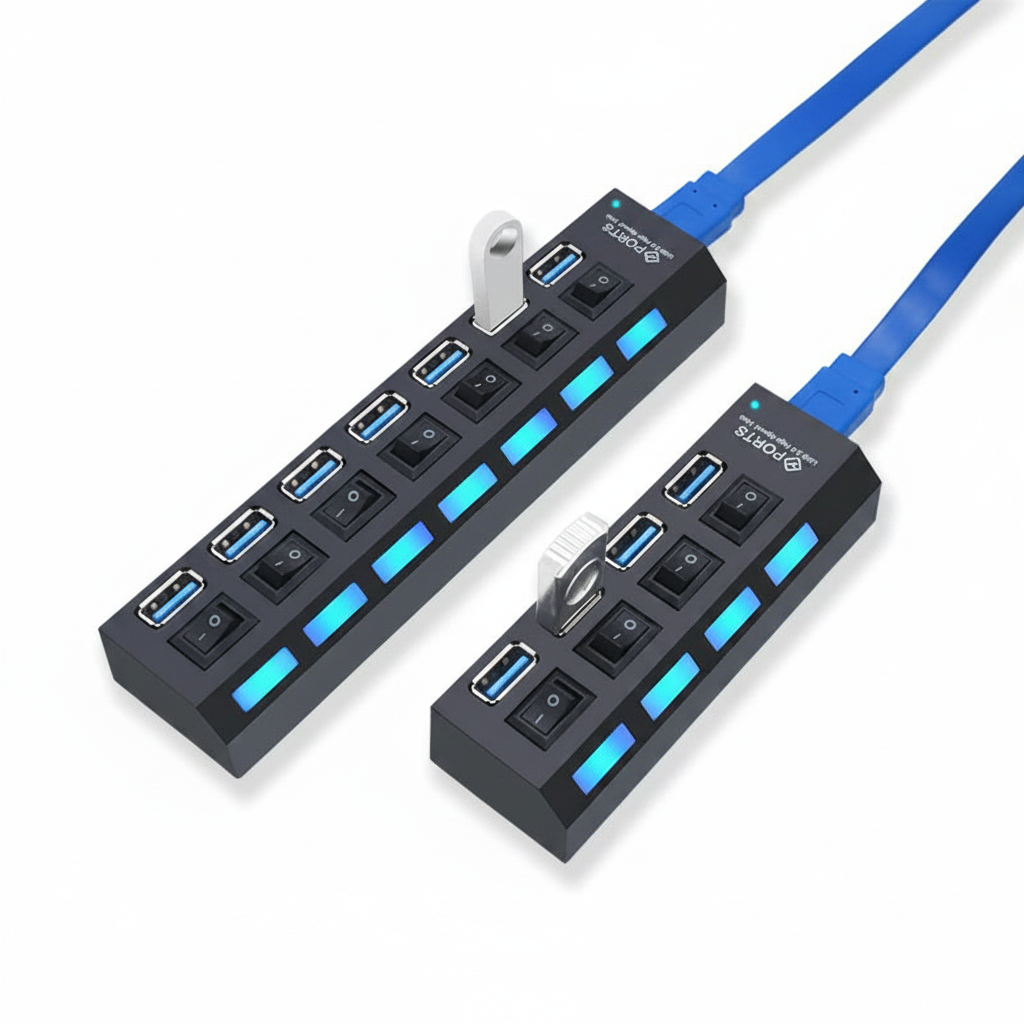 Hub USB 3.0 expansor multi portas com switch em fundo branco