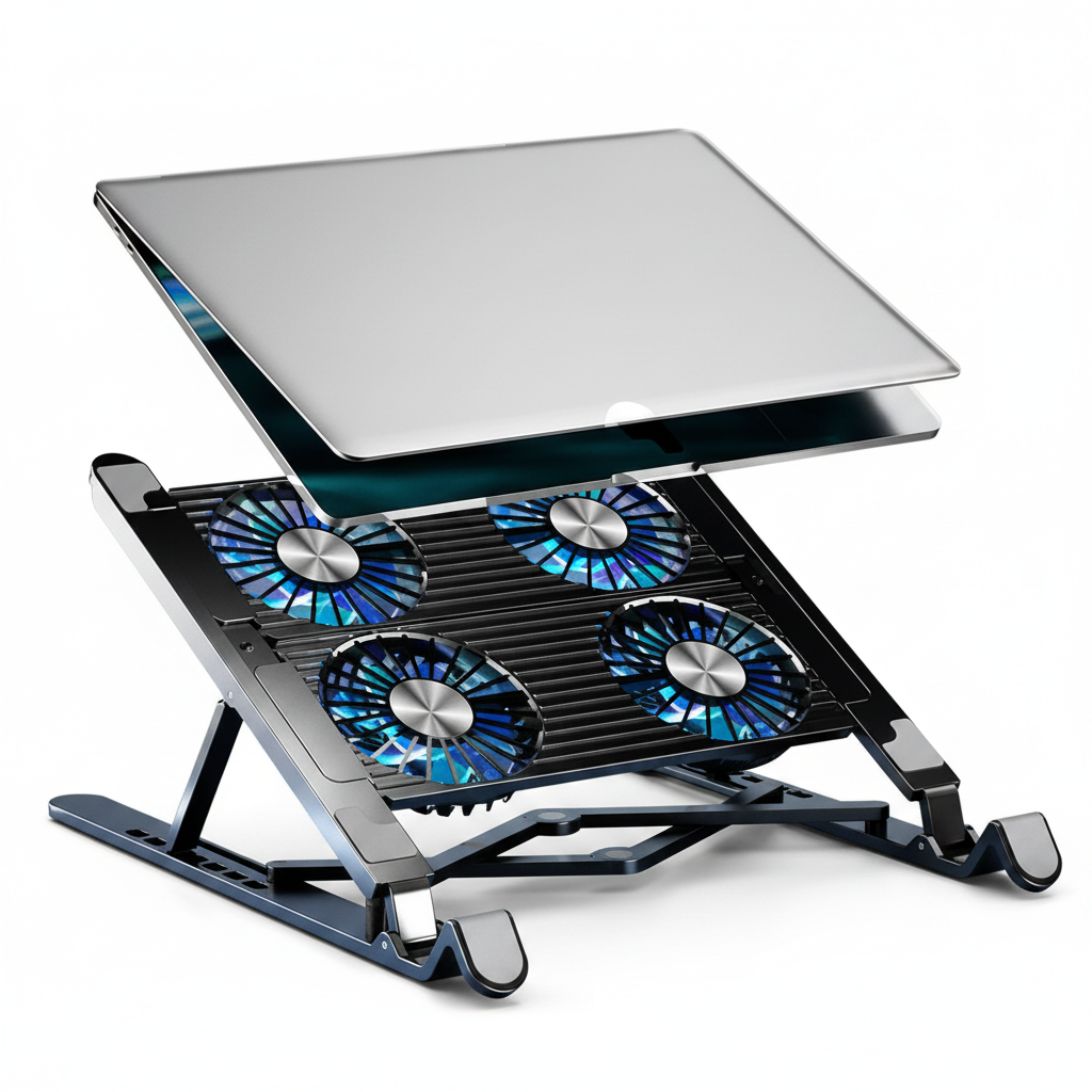 Base ventilada dobrável com 4 ventoinhas para notebook em fundo branco