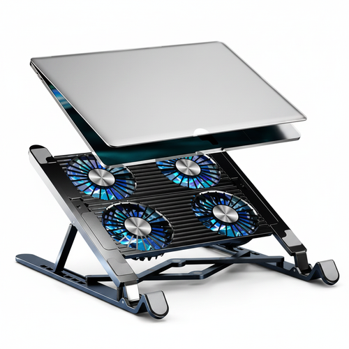 Base ventilada dobrável com 4 ventoinhas para notebook em fundo branco