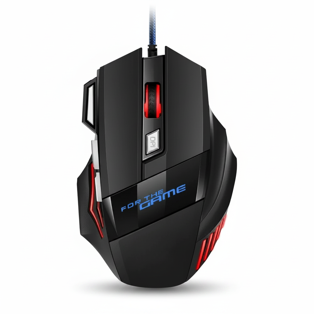 Mouse gamer USB com LED RGB ergonômico em fundo branco