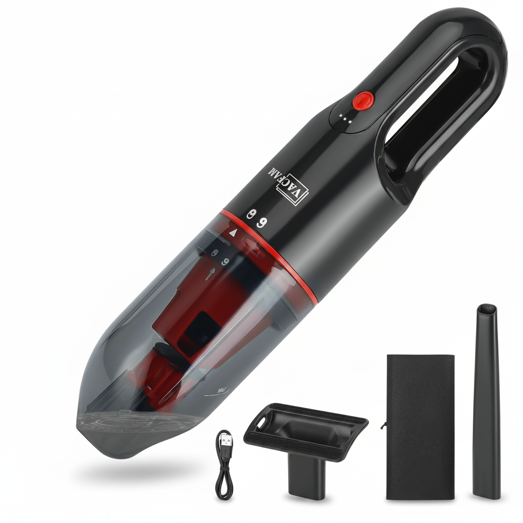Mini aspirador portátil seco e molhado com escova para pets em fundo branco