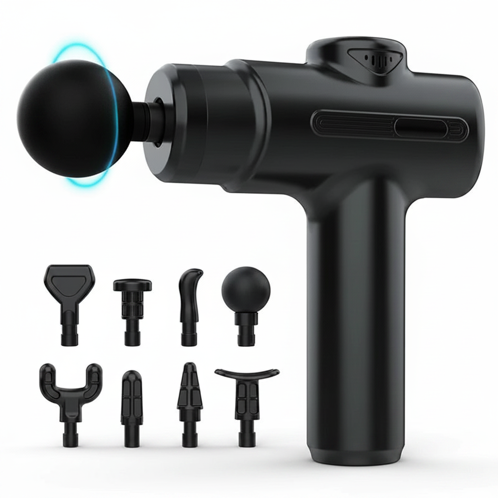 Pistola de massagem muscular elétrica profunda recarregável em fundo branco