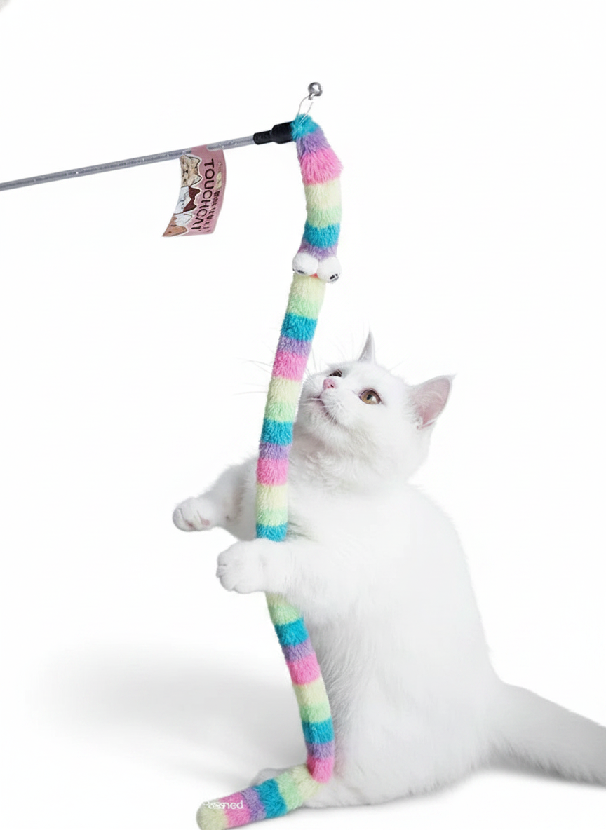 Varinha interativa com penas e sino para gatos em fundo branco
