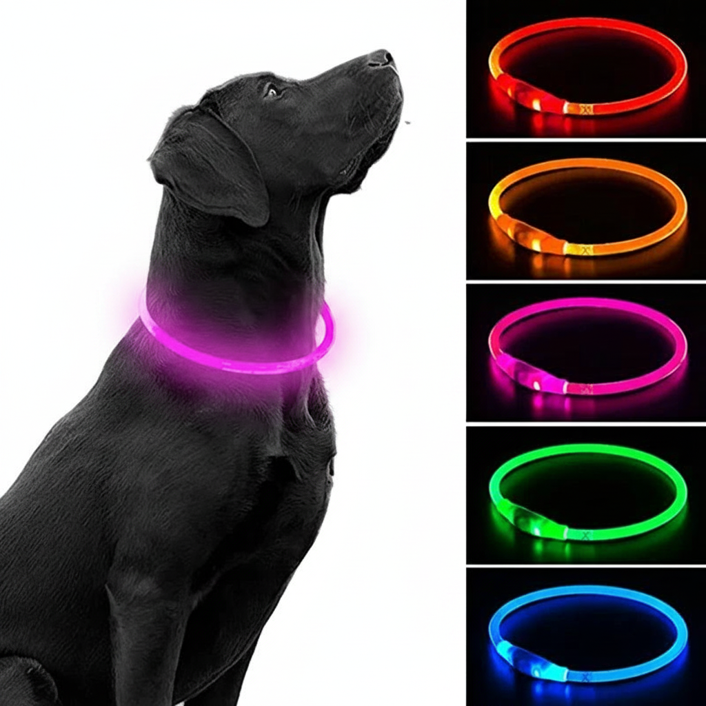 Coleira LED USB recarregável para cães em fundo branco