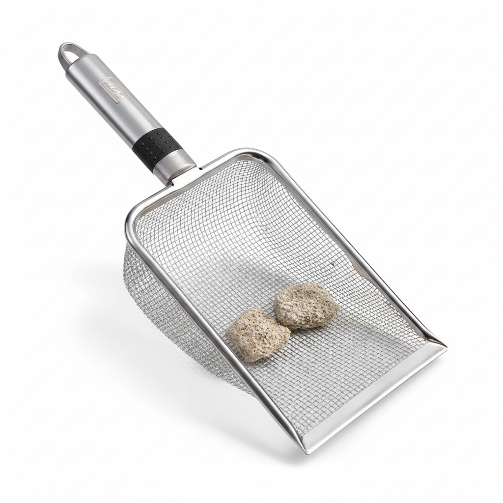 Pá higiênica aço inox para caixa de areia de gato em fundo branco