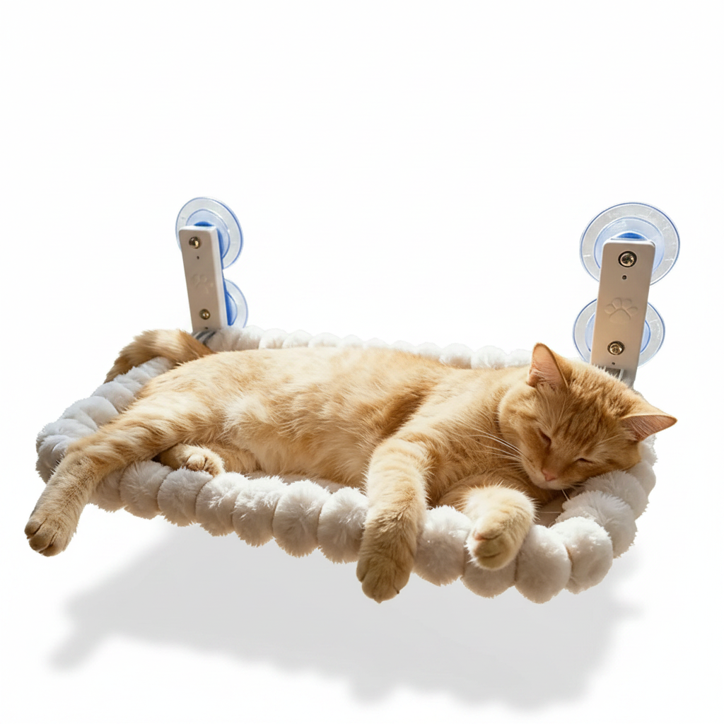 Rede de janela com suporte ventosa para gato em fundo branco