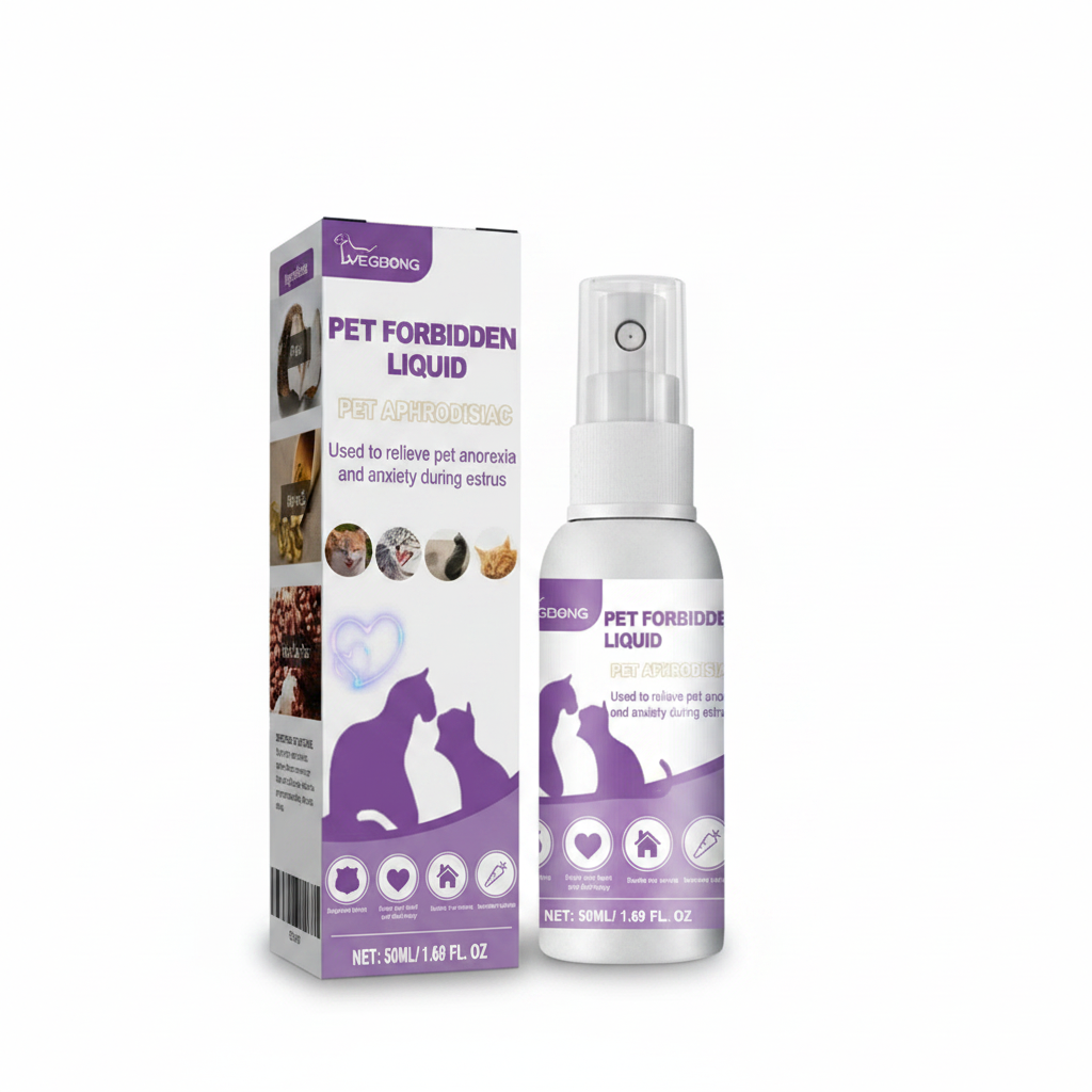 Spray calmante com feromônio para cães e gatos em fundo branco