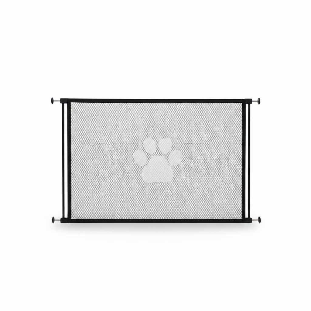 Portão pet mesh ajustável retrátil em fundo branco