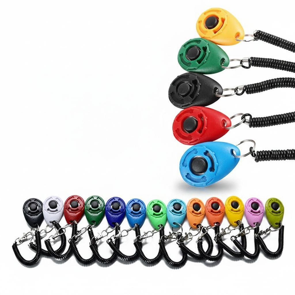 Clicker de treinamento com alça de pulso em fundo branco