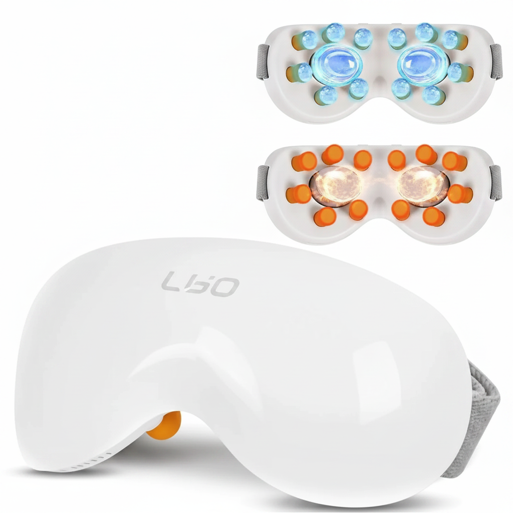 Massageador elétrico para olhos com aquecimento e Bluetooth em fundo branco