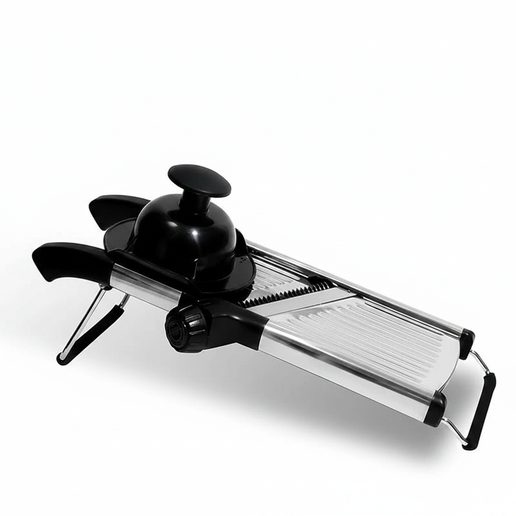 Mandoline fatiador profissional em aço inox ajustável em fundo branco