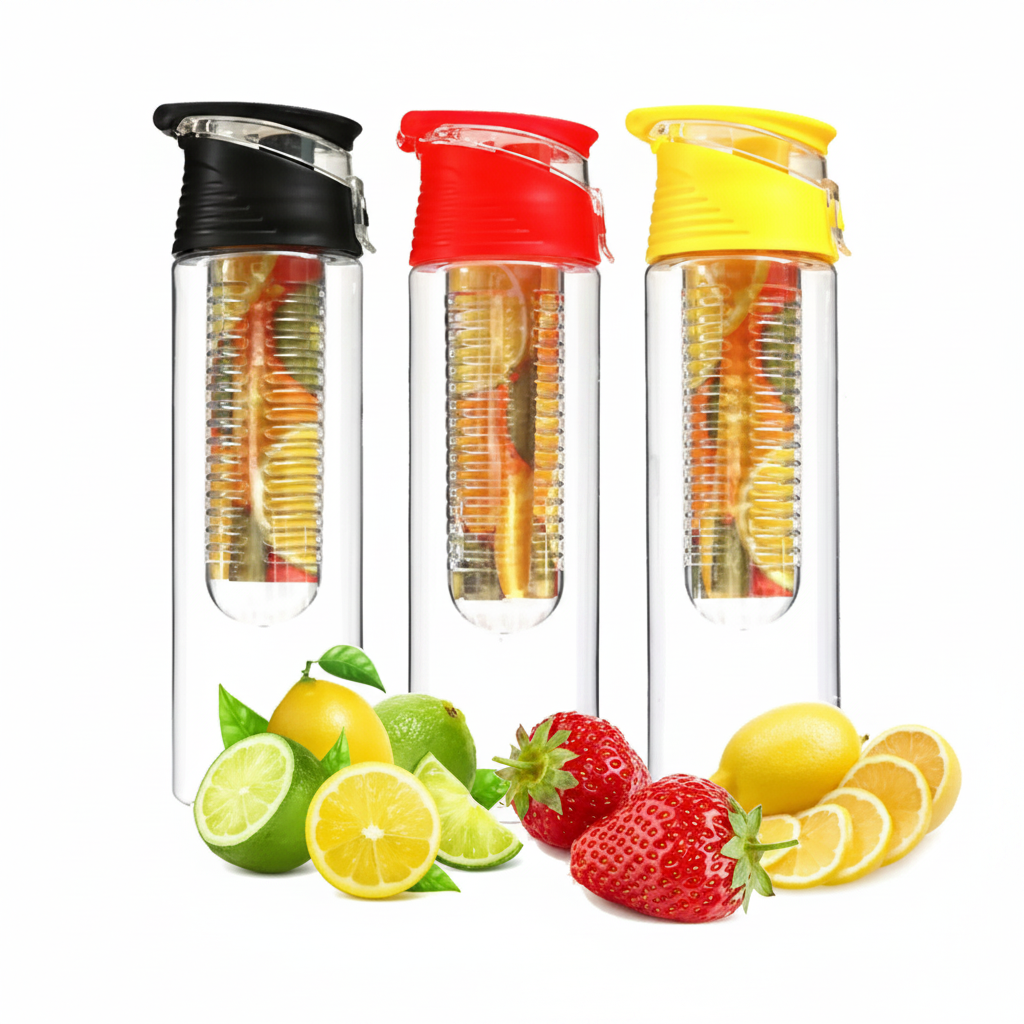 Garrafa de água infusora de frutas esportiva em fundo branco