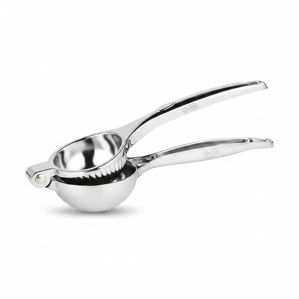 Espremedor de limão profissional em aço inox em fundo branco