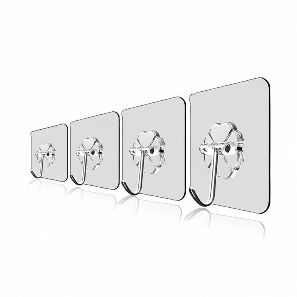 Kit de ganchos adesivos transparentes para parede em fundo branco