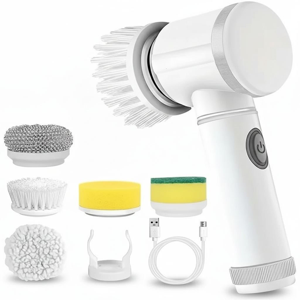 Escova elétrica recarregável para limpeza de banheiro e rejunte em fundo branco