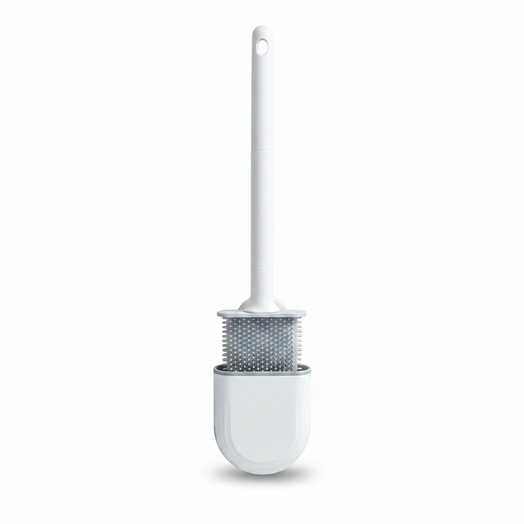 Escova de vaso sanitário em silicone com suporte de parede em fundo branco