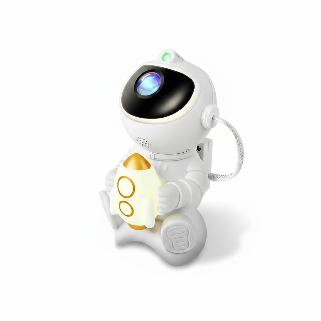 Projetor astronauta galáxia RGB com Bluetooth em fundo branco