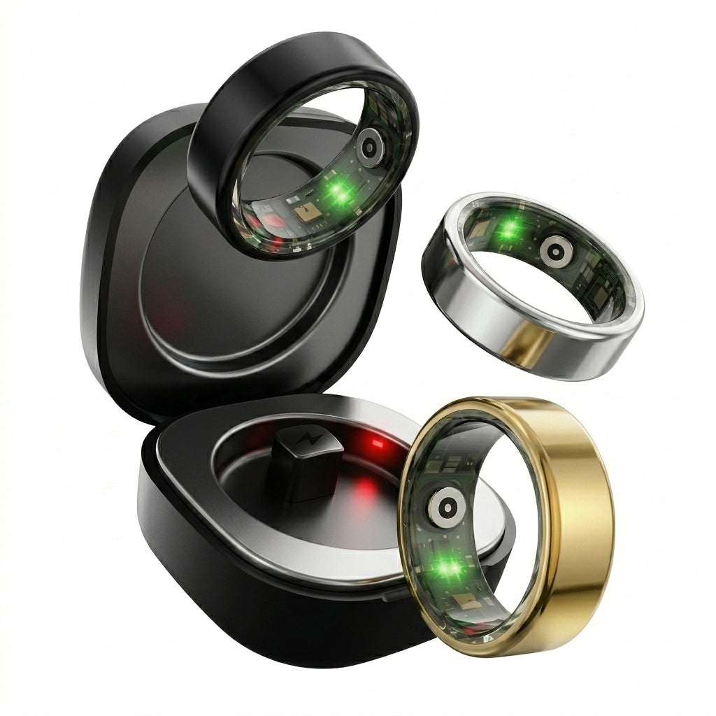 Anel Inteligente Smart Ring Monitora Saúde Sono Batimento Cardíaco em fundo branco