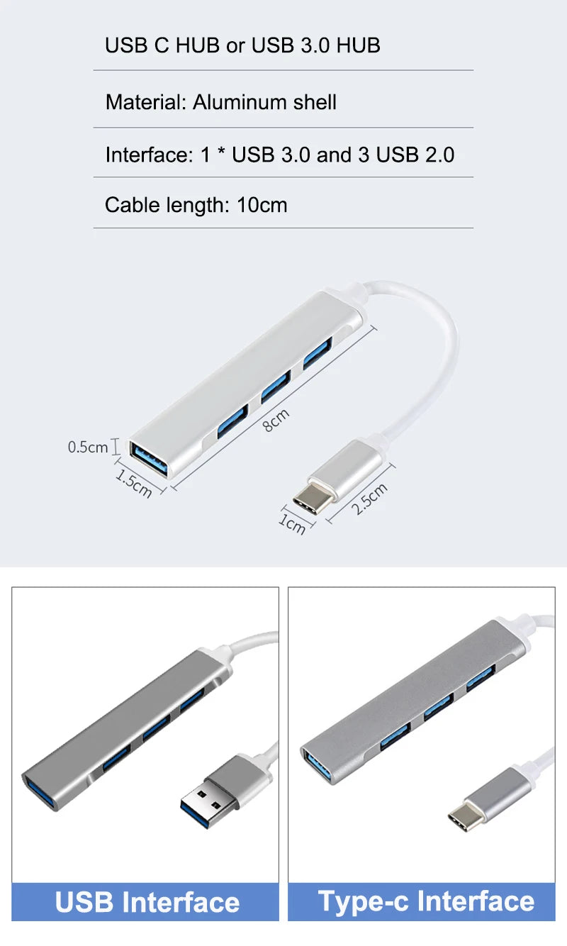 Hub USB-C adaptador 4 portas USB 3.0 em fundo branco