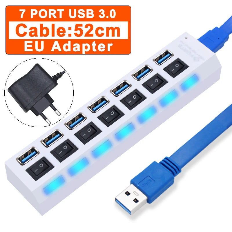 Hub USB 3.0 expansor multi portas com switch em fundo branco