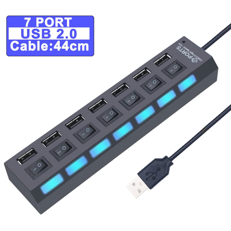 Hub USB 3.0 expansor multi portas com switch em fundo branco